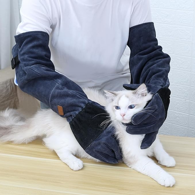 23.6 In Leather Welding Gloves - Pet Glove for Grabbing Reptile，Bite Resistant, Bite Proof, Safety Grooming for Dog Cat Reptiles, Snakes, Features an Adjustable Strap (Blue-gray)