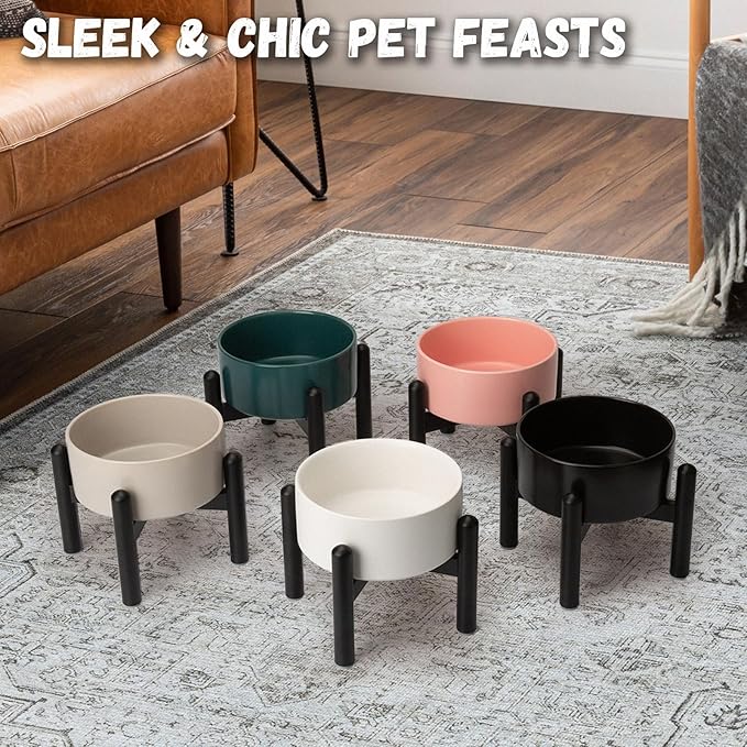 Raised Ceramic Dog Bowl, 6.1'' Modern Feeding Bowl with Non-Slip Stainless Steel Stand, Elevated Food or Water Dish for Small to Medium Dogs, 2 Cups (28.75 fl oz)- Black