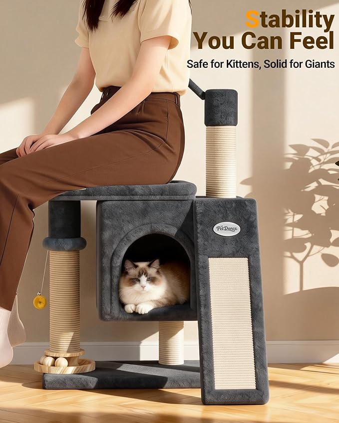【Scratch & Playhouse】 PetDance Small Cat Tree Tower with Scratching Posts【100% Natural Sisal】, Wood Track Ball Toy & Self-Grooming Brush for Bored Indoor Cats, Onyx Gray