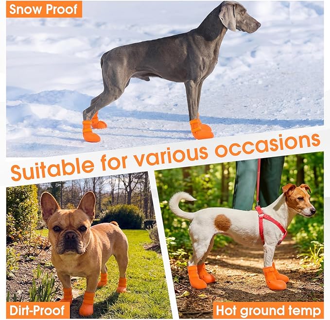 Waterproof Rubber Rain Boots for Large Dogs – Non-Slip Paw Protectors for Hot Pavement & Snow, Easy On/Off Wide Cuff, Dual Hook and Loop Sasteners, Orange XXL