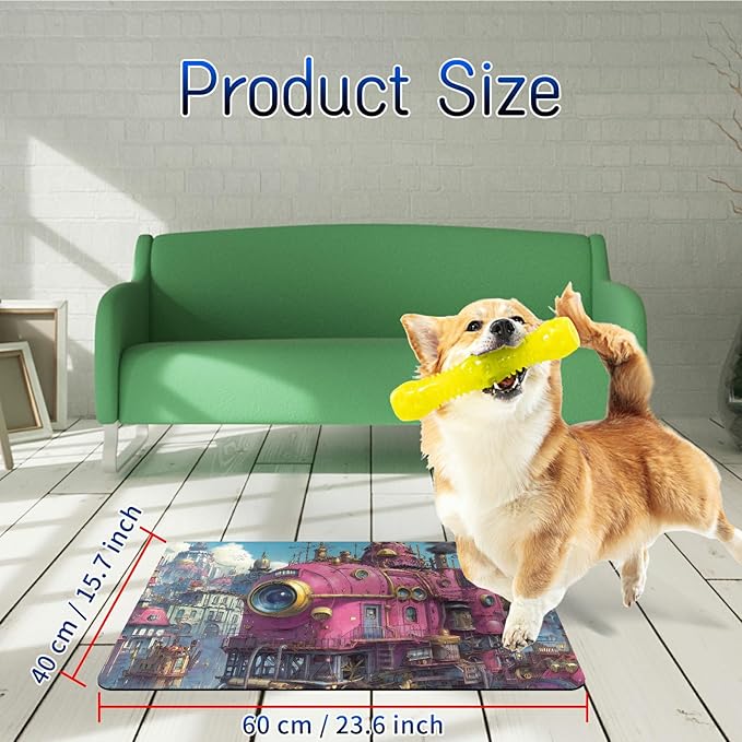 Dog Food Mat, 15.7" x 23.6" Absorbent Pet Feeding Mat for Food and Water, Waterproof Diatom Mud Pet Placemat with Non-Slip Rubber Backing, Cat Bowl Mat for Floors - Pink Train Chimney