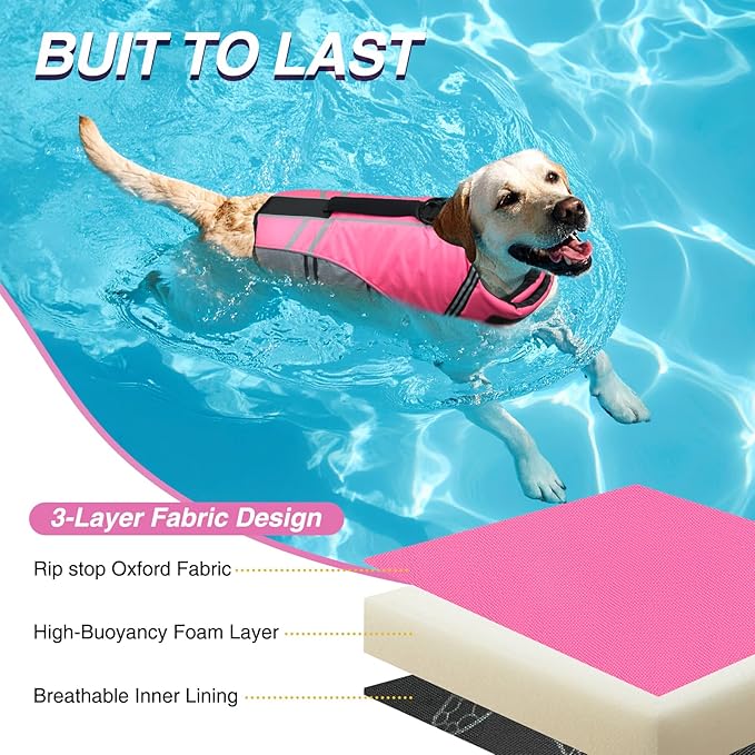 VIVAGLORY Sports Style Dog Life Jacket with Adjustable & Durable, Extra Flotation Swim Life Vest with Secure Fastening System for Large Dogs, Pink