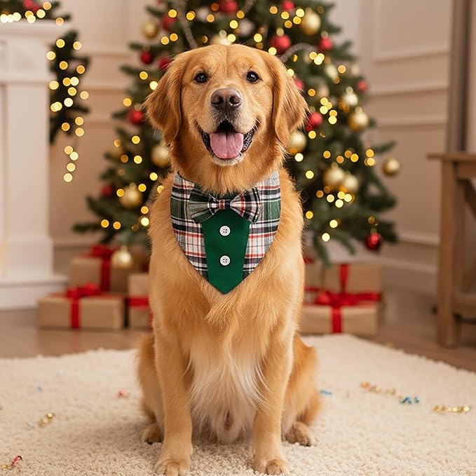 ADOGGYGO Christmas Green Dog Tuxedo Bandana, Plaid Pet Bowtie Collar, Adjustable Green Plaid Christmas Costume for Large Dogs (L)