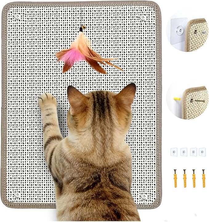 Cat Nail File Scratcher & Scratching Pad – Natural Sisal Scratch Mat with 80-Grit Aluminum Oxide, Wall/Floor Cat Scratcher that Files Nails for Easy Nail Trimming (13.38×16.53)