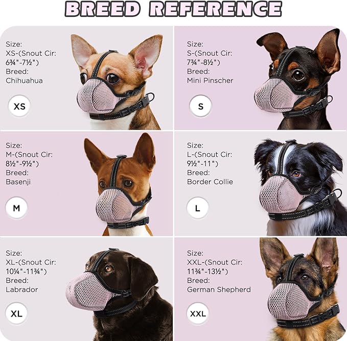 Dog Muzzle,Mesh Soft Muzzle for Small Medium Large Sized Dogs, Breathable Reflective Adjustable Puppy Muzzles with Collar for Scavenging Grooming Biting Chewing,Allows Panting and Drinking(Pink M)