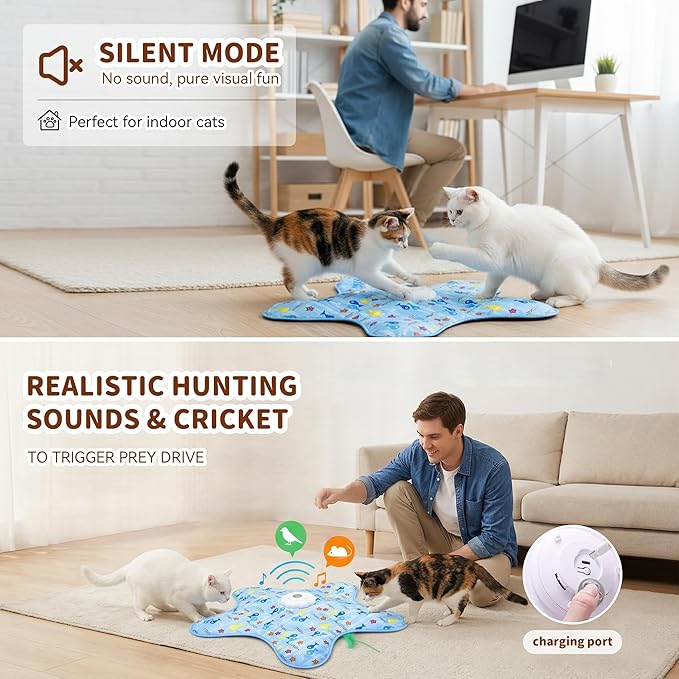 Interactive Cat Toy for Indoor Cats, Rechargeable Touch Activated Hide and Seek Cat Toys, Automatic Moving Concealed Wand Feather Toy for Bored Indoor Kitten Adult Cats, Real Bird Squeaky Blue