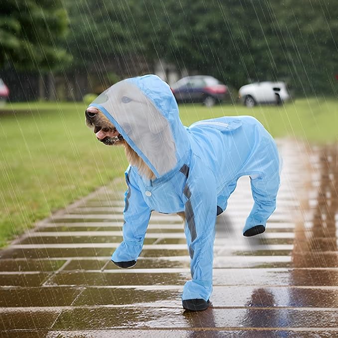 Dog Raincoat, Full Coverage Small Dog Raincoat, Waterproof with Four-Leg Protection, Dog Rain Jacket, Reflective Strip Design, Blue, XL Size, 1 Pcs
