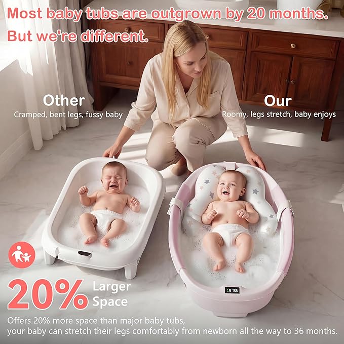 Collapsible Baby Bathtub - Large Baby Bath Tub with Thermometer | Bath Essential Bañera para Bebe Easy Fold Baby Tub | Travel Infant Newborn Toddler Bathtub for Baby Girl Boy 0 to 36 Months (Pink)