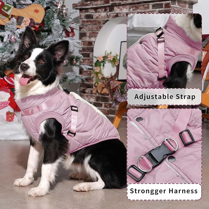 JoyDaog Dog Jacket with Harness,Fleece Lined Warm Puppy Coat for Winter,Soft Windproof Small Dog Vest,Light Pink S