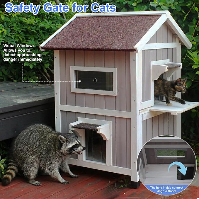 Rockever Outdoor Cat House, Large Outdoor Houses for Feral Cats with Self-Warming Mat Wooden Outside Cat Shelter Weatherproof with Escape Door