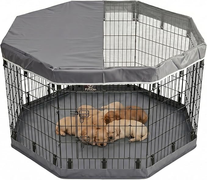 PJYuCien Octagonal Dog Playpen with Top Cover and Bottom Pad - Metal Foldable Exercise Pen, 8 Panels 36" H x 24" W Indoor Outdoor Pet Fence Puppy Crate Kennel, Gray