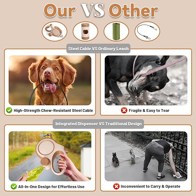 26ft Heavy Duty Retractable Dog Leash for Large Dogs, Dog Leash with Poop Bag Holder, Up to 100lbs, Chew Proof Cable, One-Handed Pause & Lock, 360° No Tangle. (26 ft, Brown)