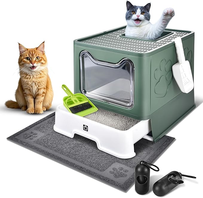 Covered Cat Litter Box with Litter Mat, Foldable Extra Large Dual Entry Adjustable Door, Drawer Design Enclosed Kitty Litter Box, Odor Control Anti-Splashing Easy Cleaning (Green)