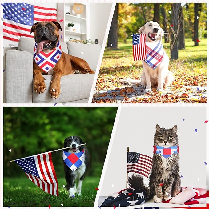Geyoga 60 Pcs 4th of July Patriotic Dog Bandanas Bulk Plaid Dog Bandanas Bulk Pet Grooming Supplies Patriotic Pet Triangle Scarf Bibs Adjustable Washable Kerchief for Dogs Cats Costume