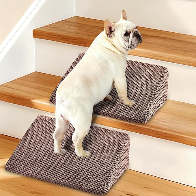 Dog Ramp for Stairs for Small & Senior Dogs and Cats – Non-Slip Stair Wedges for Dogs with Gentle Slope, Pet Ramp with Washable Cover & Self-Sticky Pads for Safe Climbing (Brown, 2 Pack)