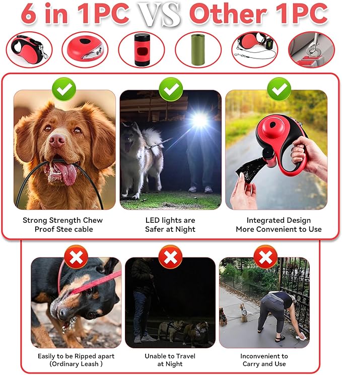 Heavy Duty Retractable Dog Leash for Large Dogs, 26ft Dog Leash with Poop Bag Holder, Up to 110lbs, chew Proof Cable, LED Light, 360° No-Tangle, One-Handed Pause & Locked (Red, L 26ft)