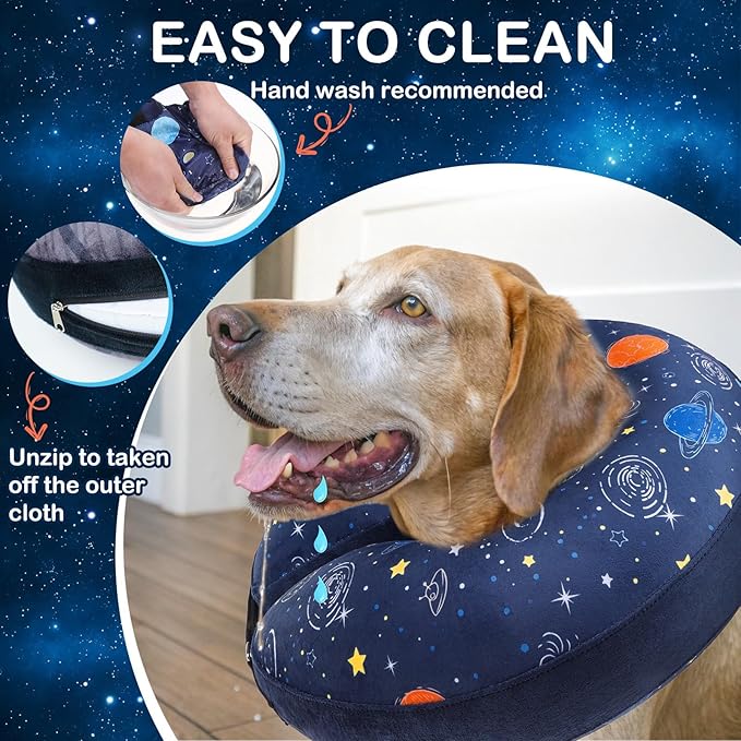 SCENEREAL Dog Cone Alternative After Surgery Donut Collar, Soft Pet Recovery Pillow Collar for Medium Large Dogs, Inflatable Adjustable Neck Collars to Prevent Licking, Planet Print E-Collars L