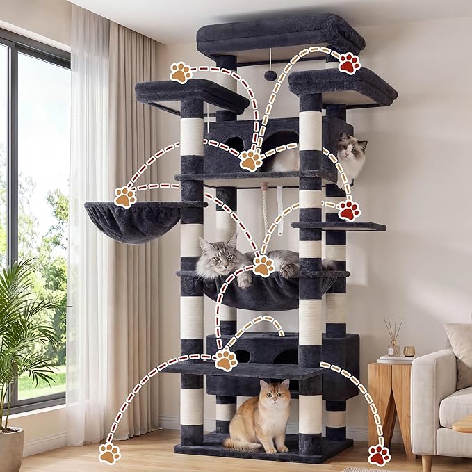Gitelsnour Cat Tree for Indoor Cats Large Adult, 74" Cat Tower with 3 Big Platforms, 2 Baskets, 2 Condos, Multi-Level Cat Scratching Posts, Smoky Gray GCT030G