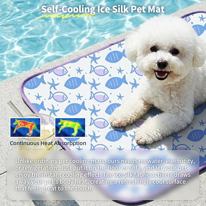 NWK Pack of 4 Pet Cooling Mat -Q-Max>0.345 Ice Silk Cooling Mat for Dogs & Cats Portable & Washable Pet Cooling Blanket, Car Seats, Beds for Summer (4pcs, Purple Fish, 20'' X 16'' X 0.3'')