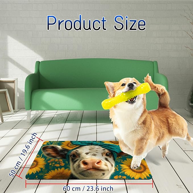 Dog Food Mat, 19.6" x 23.6" Absorbent Pet Feeding Mat for Food and Water, Waterproof Diatom Mud Pet Placemat with Non-Slip Rubber Backing, Easy Clean Cat Bowl Mat for Floors - Cow Sunflower