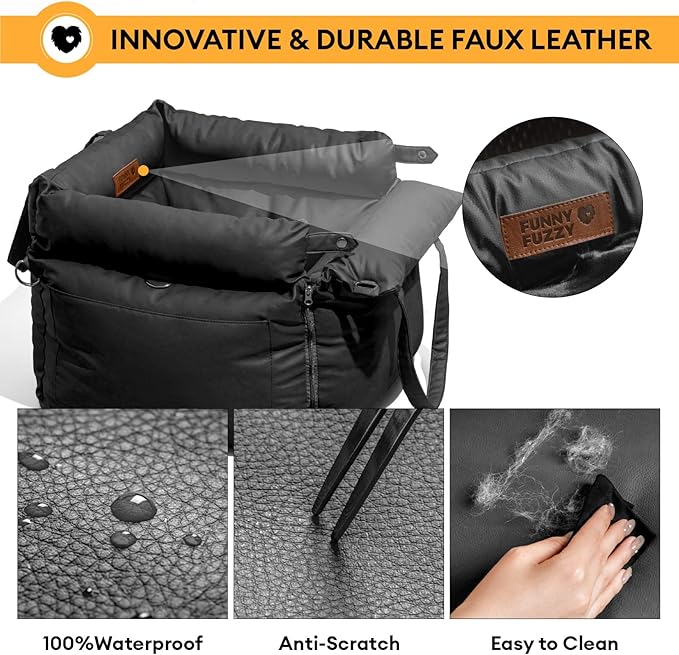 FUNNYFUZZY Luxury Dog Car Seat for Small Medium Dogs Under 35 lbs, Waterproof Leather Pet Booster Seat with Safety Leash & Anti-Slip Base, Fully Padded Dog Car Bed, Portable Puppy Carrier(Black)