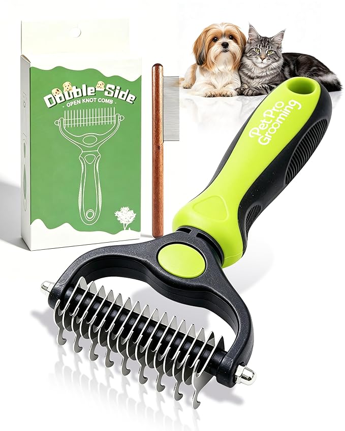 Pet Pro Grooming Tool, Dematting Comb for Dogs and Cats, Deshedding Dog Brush, Undercoat Rake for Dogs, Removes Tangles Knots and Loose Fur, Grooming Tool for Thick Coats (Yellow)