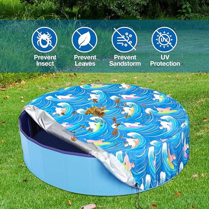 Foldable Round Dog Swimming Pool Cover, for 32 "/63“/48” Collapsible Outdoor Tub, PVC Coating Waterproof and UV Protection, Leakproof Washable Kiddie Pet Small Paddling Bath Accessories