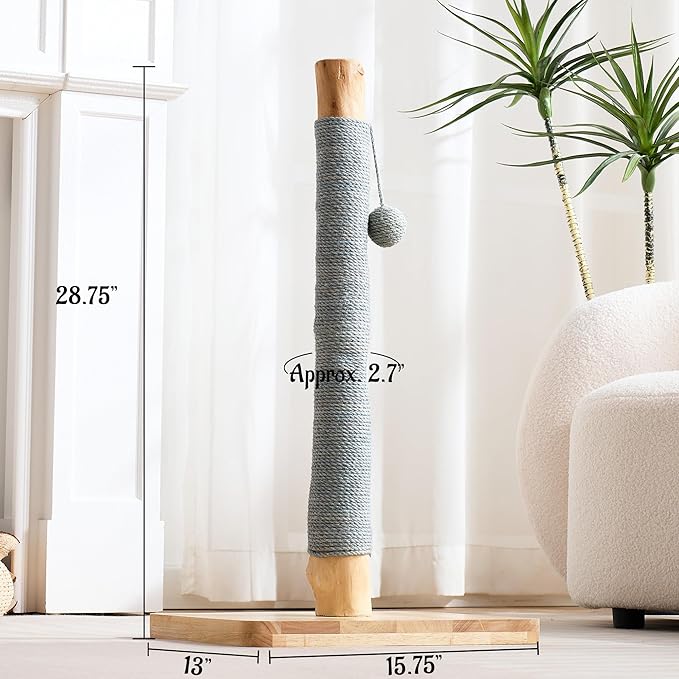 29" Tall Solid Wood Cat Scratching Post for Indoor Cats, Extra Stable Heavy Base, Natural Sisal Scratcher with Hanging Ball, Furniture Protector for Kittens & Adult Cats, Grey