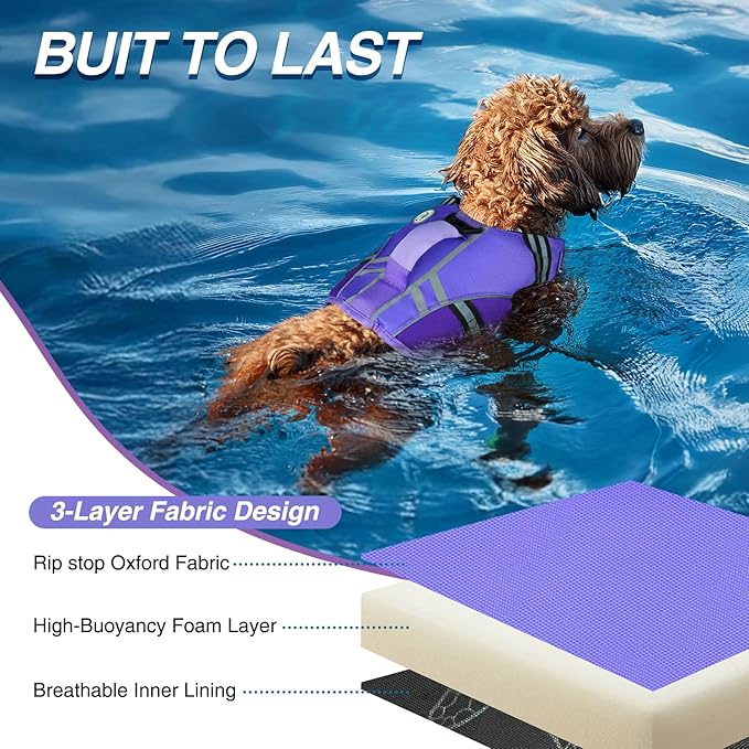 VIVAGLORY Sports Style Dog Life Vest, Dog Life Jacket for Swimming & Boating, Ripstop & Buoyancy for Puppy Doggy, Lifejacket with Handle, XS, Purple