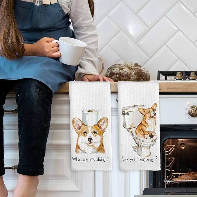 Funny Corgi Bathroom Hand Towels, Corgi Lovers Gifts for Women Hand Towels, Dog Mom Lovers Gifts for Women Decorative Towel, Funny Dog Bathroom Decor 16x24 Inch Set of 2