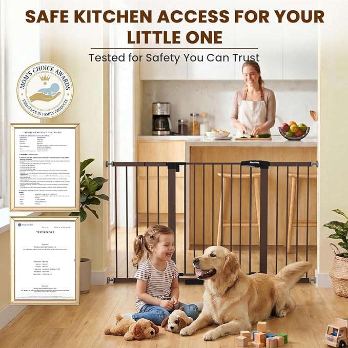 Mumeasy 29.7-57" Extra Wide Baby Gate, Auto Close Large Dog Gate for Doorways, No Drilling Pressure Mounted Pet Safety Gate for Stairs, Easy Walk Through Child Gate for Hallways, House, Indoor, Brown