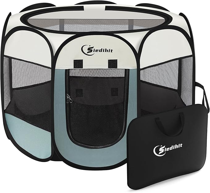 Siedihit Dog Cat Playpen, Puppy Pet Playpen Indoor for Small Dog Crate Tent Cage Outdoor, Portable Pop Up Dogs Enclosure Kennel with Carrying Case for Dogs/Cats/Rabbits(Grey, Small