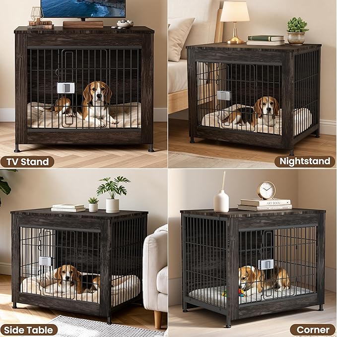 Wooden Dog Crate Furniture, 27in Dog Cage Furniture with Slide Safety Latch, Indoor Decorative End Table for High Anxiety Dogs, Furniture Style Dog Crate for Small to Medium Dogs, Rustic Brown