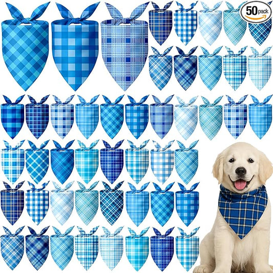 Abbylike 50 Pcs Plaid Dog Bandanas Bulk Blue Checkered Bandanas for Dogs Triangle Kerchief Bibs Scarf Set for Pet Holiday Costume Photo Props Accessories Pet Shops (25.6 x 17.7 x 17.7 Inch)