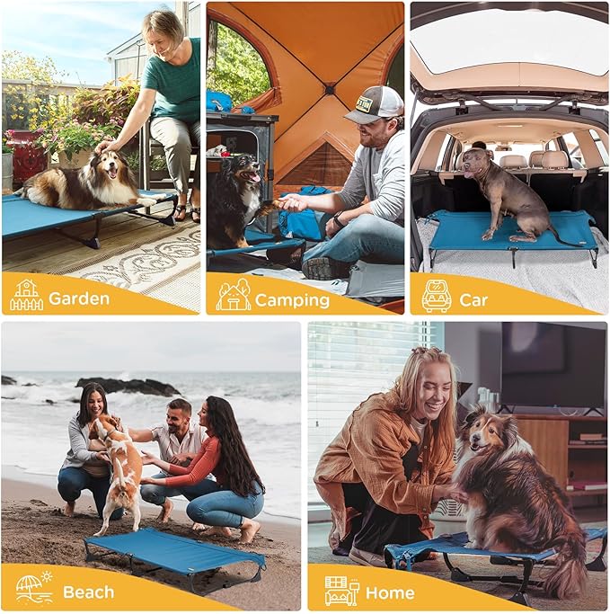 CANINE CANYON Folding Raised Dog Cot, Large Outdoor Elevated Dog Bed with Upgraded Non-Slip Feet, Cooling Chew Proof Portable Heavy Duty Pet Cot Up to 160 lbs for Camping/Home, Dark Blue, 43"x27"