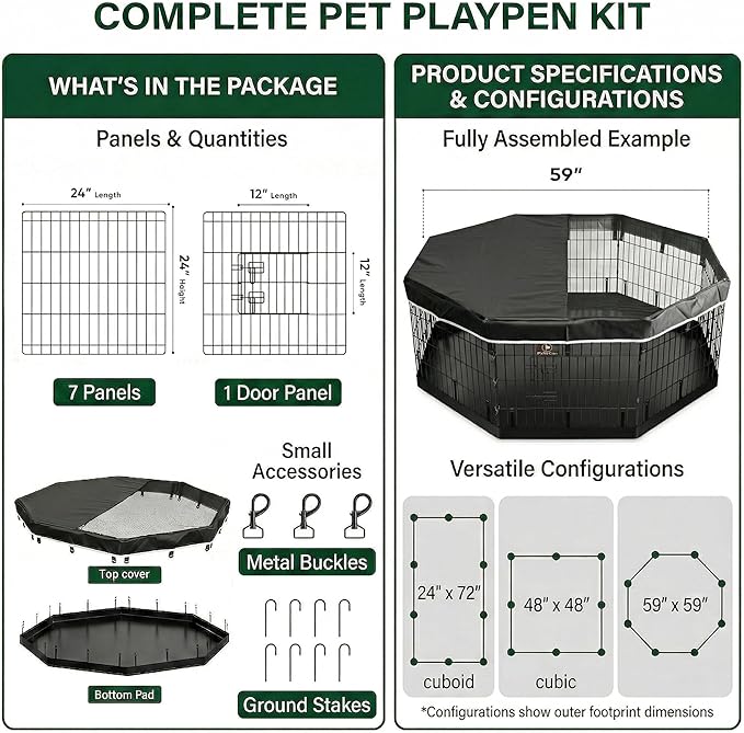 PJYuCien Octagonal Dog Playpen with Top Cover and Bottom Pad - Metal Foldable Exercise Pen, 8 Panels 24" H x 24" W Indoor Outdoor Pet Fence Puppy Crate Kennel, Black