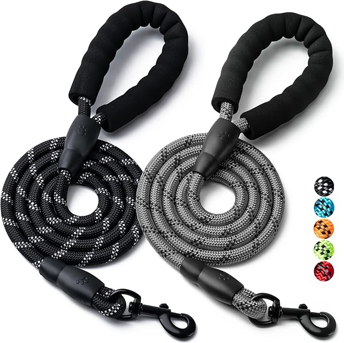 2 Pack Dog Leash, 4/5//6 FT Heavy Duty Nylon Rope Pet Leashes with Comfortable Padded Handle, Reflective Dog Leashes for Small Medium and Large Dogs (4FT-3/8,Black/Grey)
