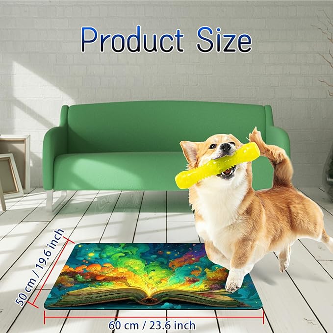 Dog Food Mat, 19.6" x 23.6" Absorbent Pet Feeding Mat for Food and Water, Waterproof Diatom Mud Pet Placemat with Non-Slip Rubber Backing, Easy Clean Cat Bowl Mat for Floors - Colorful Book