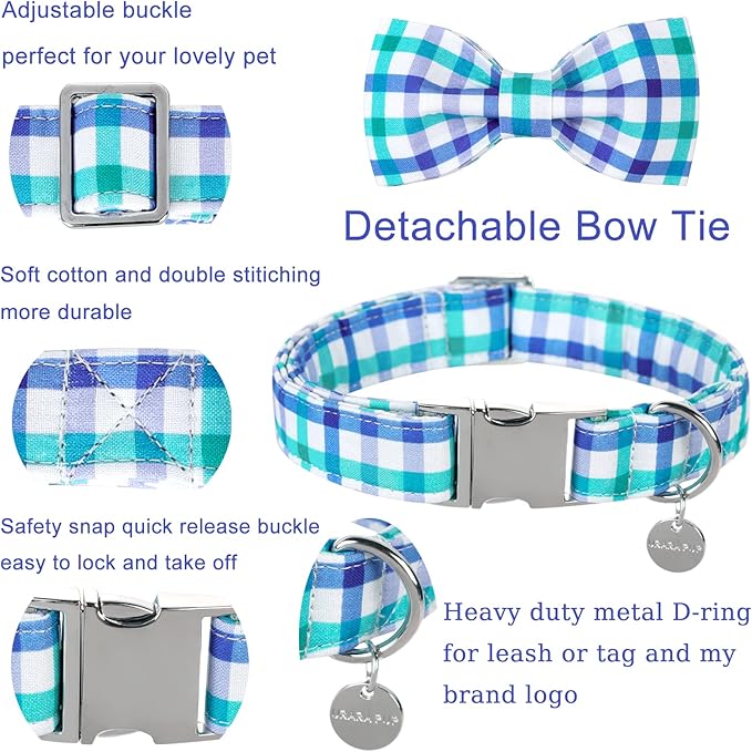 Dog Collar Bow Tie, Comfortable Durable Cotton Bowtie Collar for Medium Girl Boy Dog, Adorable Dog Collar with Metal Buckle, Blue Grid Gift Collar, M
