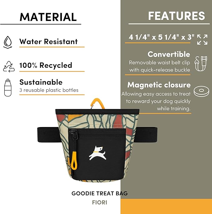 OllyDog Goodie Treat Bag, Dog Treat Pouch, Waist Belt Clip for Hands-Free Training, Magnetic Closure, Dog Training and Behavior Aids, Three Ways to Wear (Fiori)
