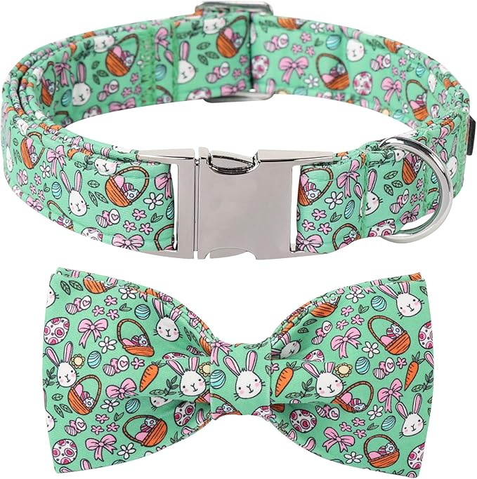 Lionet Paws Easter Dog Collar,Green Eggs Dog Collar for Medium Dogs Bowtie, Adjustable Cotton Rabbit Bowtie Pet Collars for Small Medium Dogs