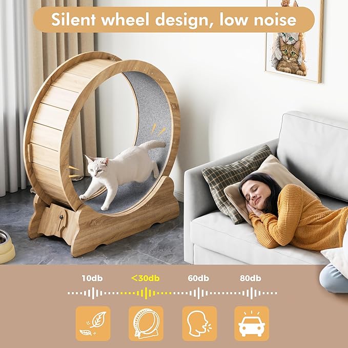 Cat Exercise Wheel, Cat Running Wheel with Smooth and Quiet Roller, Detachable Carpet and Toy Teaser for Fun Fitness Training Treadmill,Natural Wood