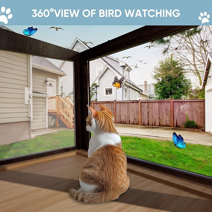 FunXplore Cat Window Box Weatherproof Catio Outdoor Cat Enclosure Perch with Bug-Proof Wire Grid Fits Double Hung Frames 25.4" to 43.3" Wide Sunbathing Napping Overlooking