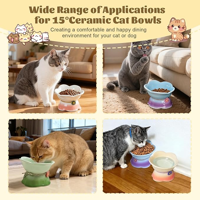 4Pcs Ceramic Raised Cat Bowl Elevated Cats Bowls Tilted Cat Food Dishes Pet Bowl Stand Feeder Cute Cats Bowl for Kittens Puppies Small Dog Whisker Fatigue Protect Kitten Spine