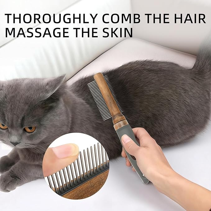 HOP 2-in-1 Dog Dematting&Deshedding Comb with Wooden Handle Double-Sided Fine&Wide Tooth Dematting Comb Pet Flea Comb for Dogs and Cats Gentle Remove Loose Hair Tangles Dirt Fleas
