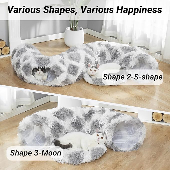 Warm Fluffy Plush Cat Tunnel Bed with Washable Cushion- Big Tube Playground Toys 3 FT Diameter Collapsible, for Indoor Cat Kitty Kitten Puppy Rabbit Ferret Gray-White Diamond Pattern