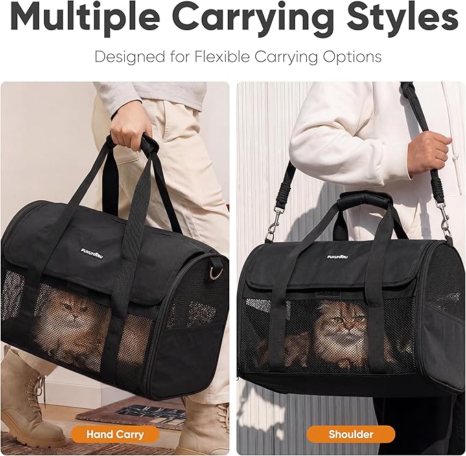 FUKUMARU Cat Carrier, Light & Airy Pet Carrier, 18x11x11 Airline Approved Dog Carrier for Small Dogs, Collapsible Soft Cat Travel Carrier with Anti-Scratch Mesh, Black