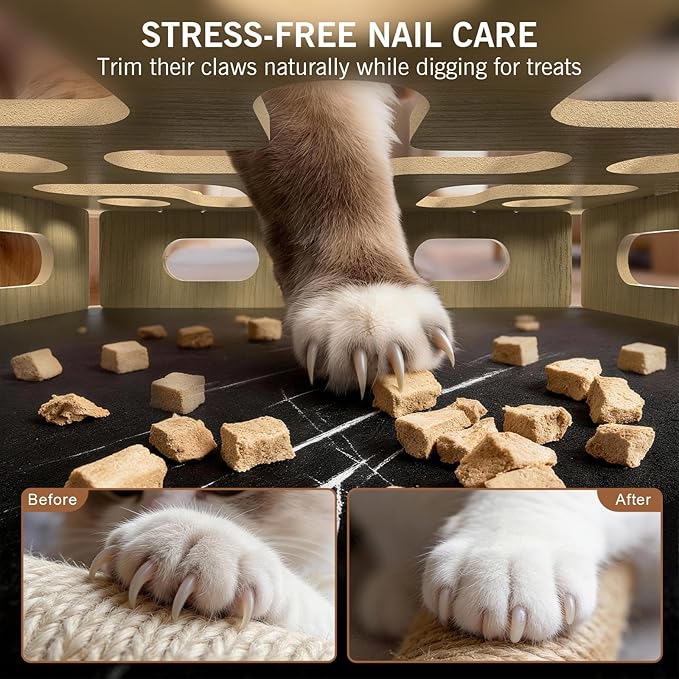 EIODEAR Cat Nail File Scratcher Box with 5 Sandpaper Pads & 4 Bell Balls, Sturdy Wood Cat Nail Scratcher to File Nails, Cat Toy Filer Toy for Treat-Motivated Cats, Included Silicone Security Rings