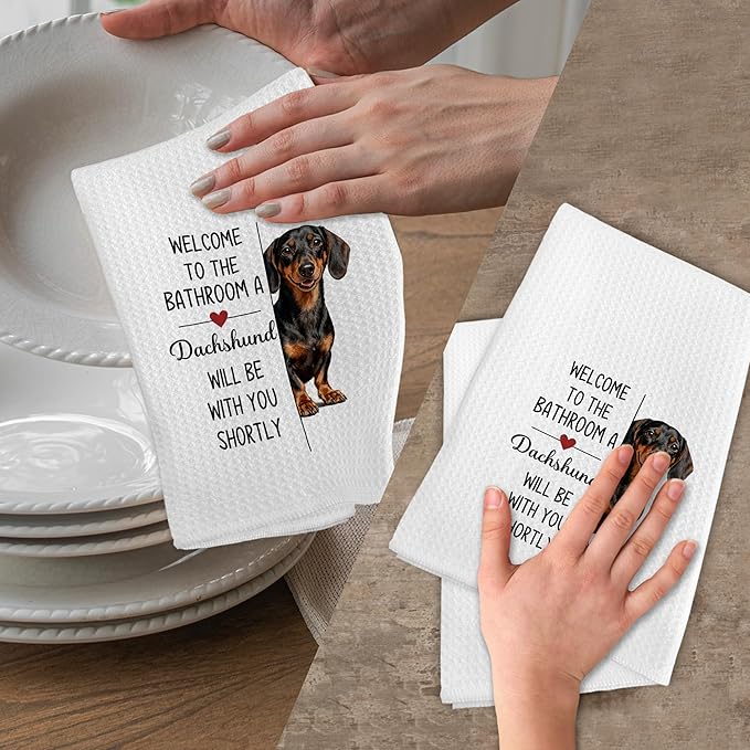 Funny Dachshund Dog Hand Towels for Bathroom, A Dachshund Will Be with You Shortly Hand Towels, Funny Weiner Dog Themed Dish Tea Towel for Kitchen Decor, Dogs Gifts for Women Men, 16x24