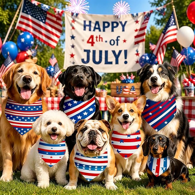 Weewooday 50 Pcs 4th of July Dog Bandanas Bulk for Patriotic American Striped Star Red White and Blue Independence Day Flag Scarf for Small Medium Large Outfit(Striped Star, 31.5 x 21.7 X21.7 Inch)